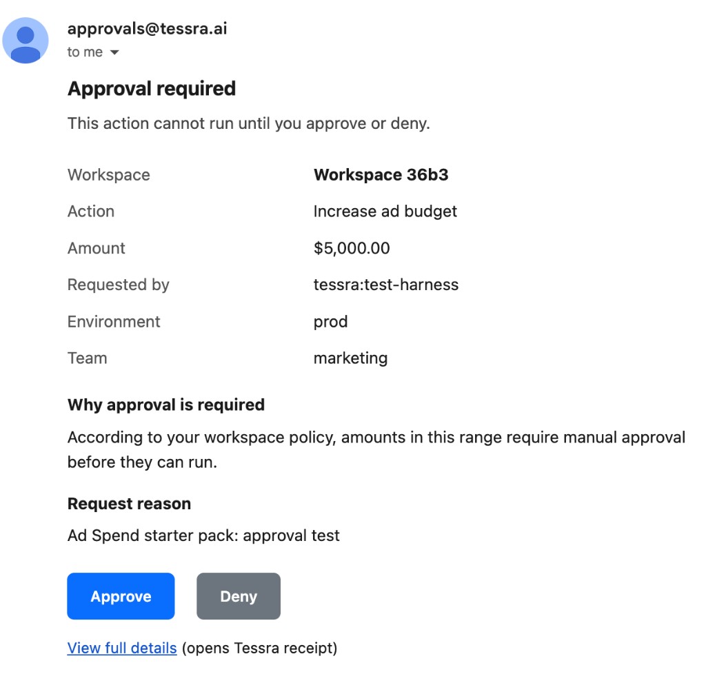 Email approval request with Approve and Deny buttons