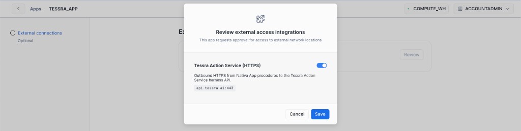 Snowflake external connections approval modal for Tessra app install