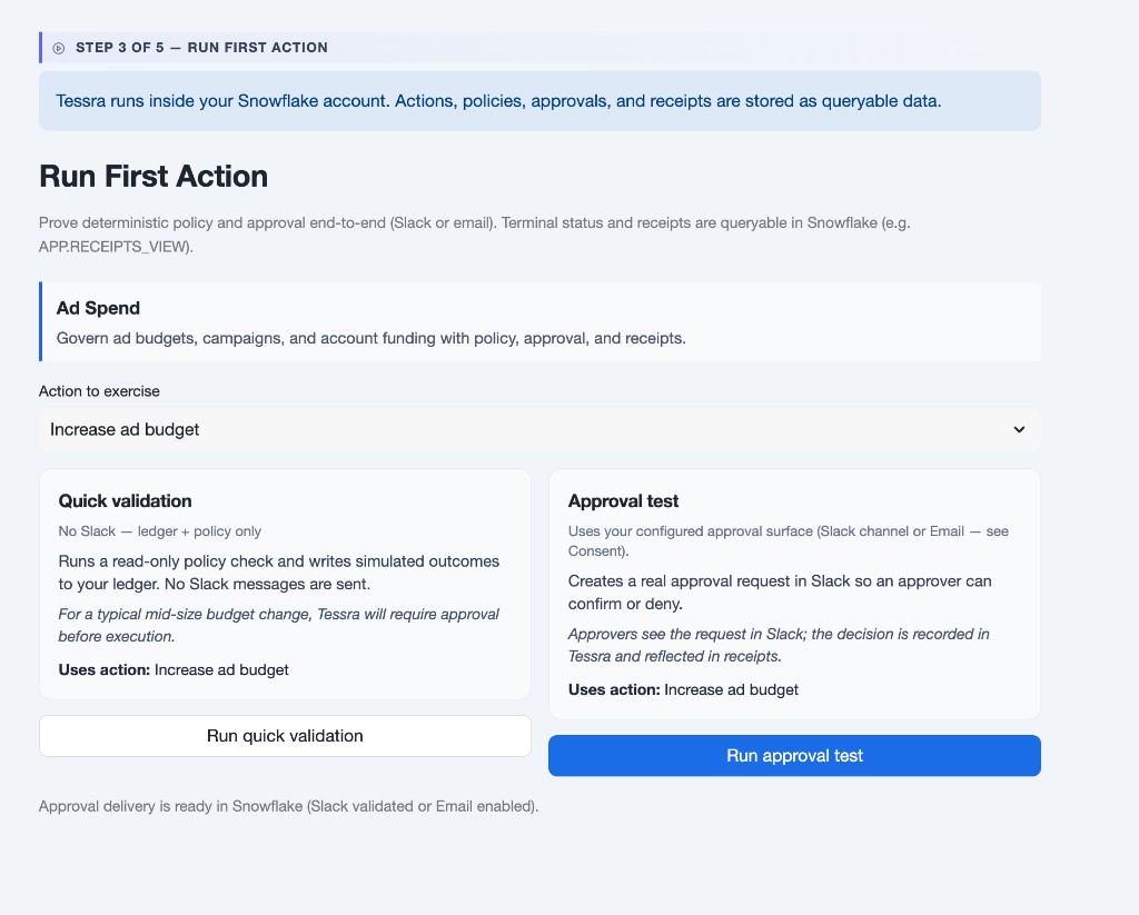 Run First Action screen showing Increase ad budget and Run approval test